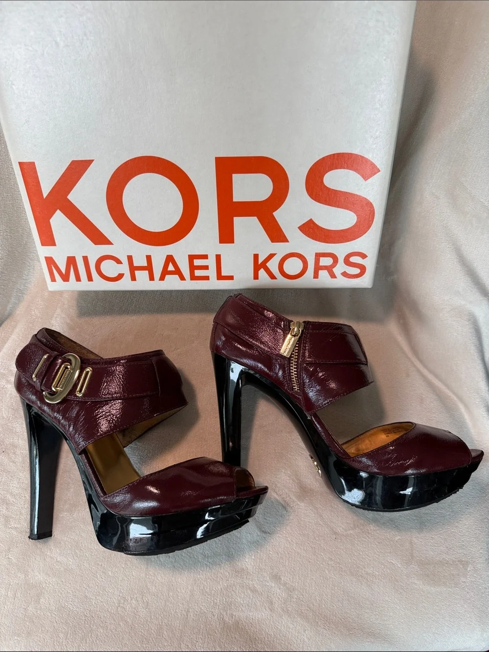 Michael Kors Darby Maroon PatentLeather Platform Stiletto Heels with Gold Buckle